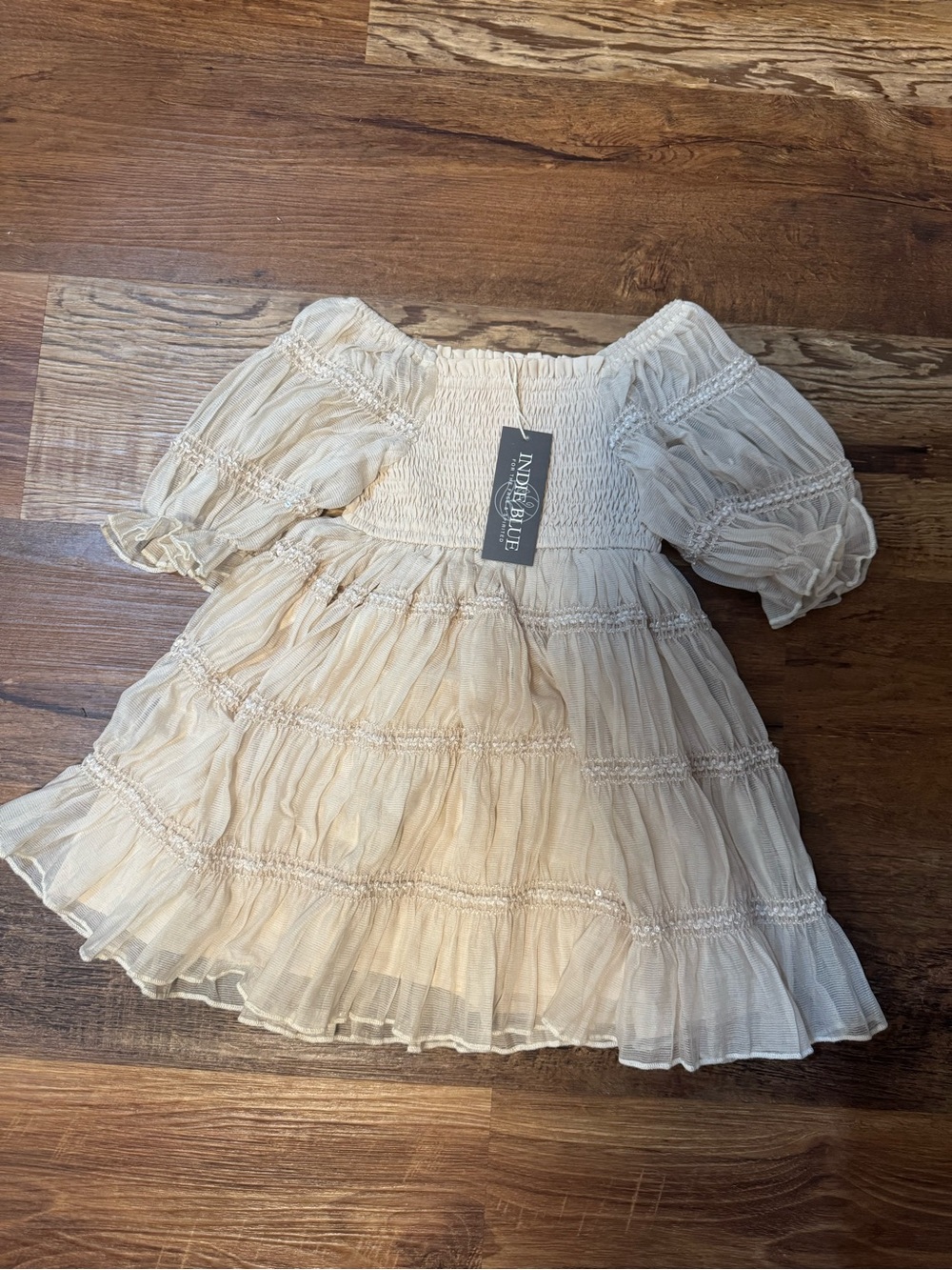 Indie Blue Cream Off-Shoulder Tiered Girls Dress